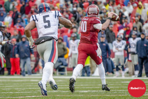 Robert Nkemdiche in pursuit of Arkansas QB Brandon Allen in the Rebels' 2014 loss to the Hogs. (Photo credit: Bentley Breland, The Rebel Walk)
