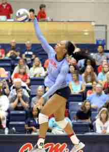 Senior middle blocker Nakeyta Clair, shown here in Friday's win over Oral Roberts, had a team-high 13 kills in the win over TSU. (Photo credit: Joshua McCoy, Ole Miss Athletics)