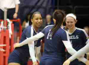 Nayketa Clair (13) and Aubrey Edie (4) were honored by the SEC for Offensive Player of the Week and Setter of the Week, respectively. (Photo credit: Joshua McCoy, Ole Miss Athletics)