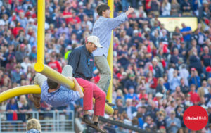 Following the win over Alabama, Ole Miss fans celebrated by tearing down the goalposts. (Photo credit: Bentley Breland)