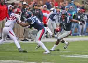 Laquon Treadwell had 7 catches for 132 yards in the loss to Arkansas. (Photo credit: Joshua McCoy, Ole Miss Athletics)
