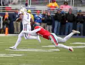 Marquis Haynes tackles Leonard Fournette in the 38-17 win over LSU Saturday. (Photo credit: Joshua McCoy, Ole Miss Athletics)