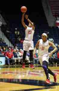 Shandricka Sessom extended her streak of scoring in double figures to 15 games. (Photo credit: Joshua McCoy, Ole Miss Athletics)