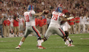 Chad Kelly throws the ball during the Rebels' win over Alabama in 2015. (Photo credit: Bentley Breland, The Rebel Walk)
