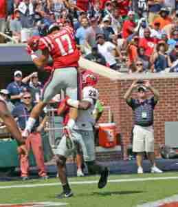 Evan Engram scores a touchdown in the win over Georgia. (Photo credit: Josh McCoy, Ole Miss Athletics)