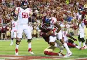 In the game vs. FSU, right tackle Sean Rawlings graded the highest of any of the Rebels' linemen. (Photo credit: John Bowen, Rebels247)