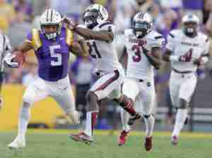 LSU running back Derrius Guice (5) ran for 436 yards and three TDs as a true freshman last year playing behind Leonard Fournette, including a career-best 161 yards vs. South Carolina. (Photo credit: Brett Duke)
