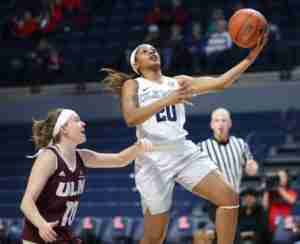 Sophomore Madinah Muhammad led the Rebels with 21 points in the win over ULM. (Photo credit: Josh McCoy, Ole Miss Athletics)