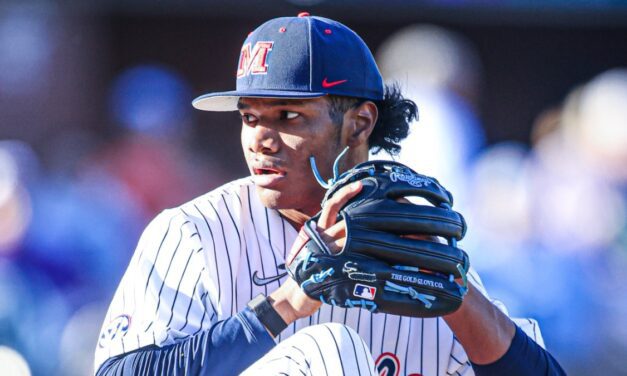 Ole Miss pitcher Austin Simmons leaves game one vs. Alabama with apparent elbow injury